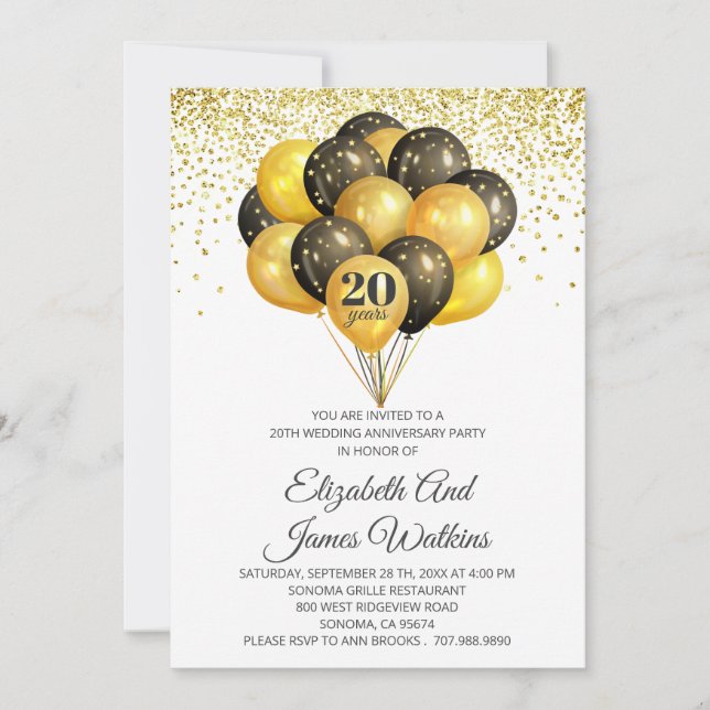 Invitación Elegante 20º Aniversario de Boda Dorado y Negro I (Anverso)