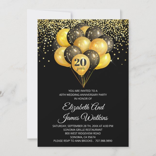 Invitación Elegante 20° Aniversario Boda Oro y Negro (Anverso)