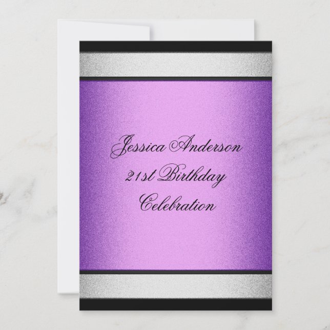 Invitación Elegante 21º cumpleaños negro morado y plateado Me (Anverso)