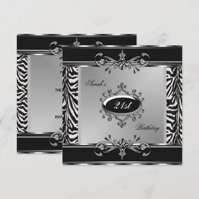 Invitación Elegante 21 cumpleaños cebra negro blanco plateado (Anverso / Reverso)