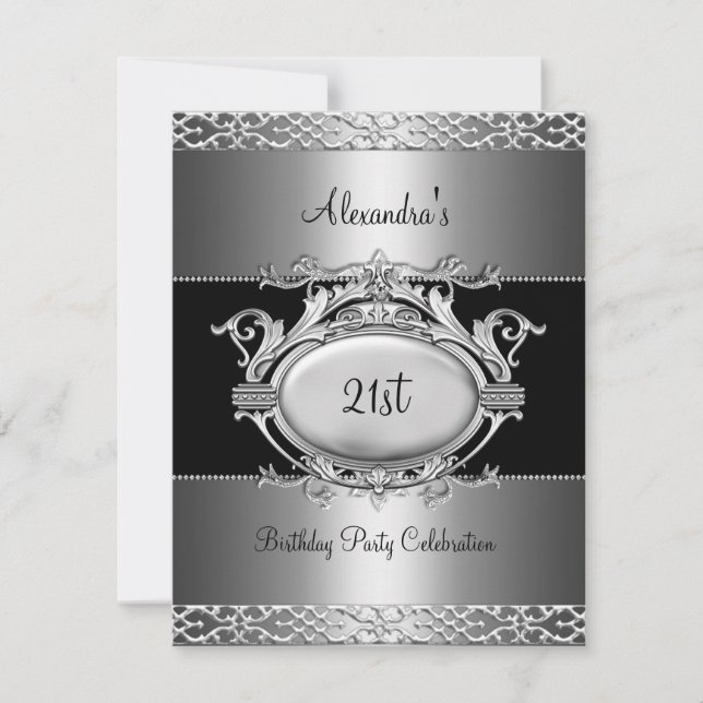 Invitación Elegante 21 cumpleaños Fiesta Plata Negro (Anverso)