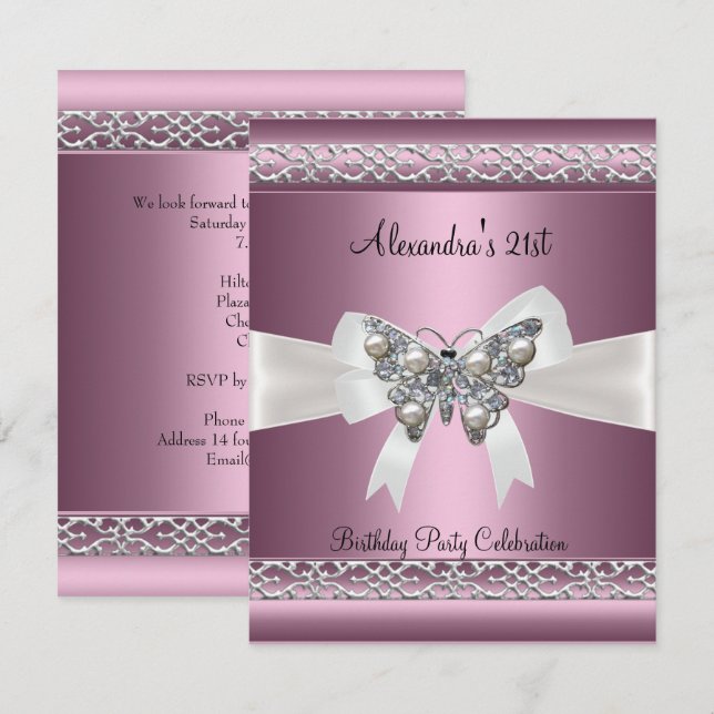 Invitación Elegante 21 cumpleaños Satin Butterfly Jewel (Anverso / Reverso)