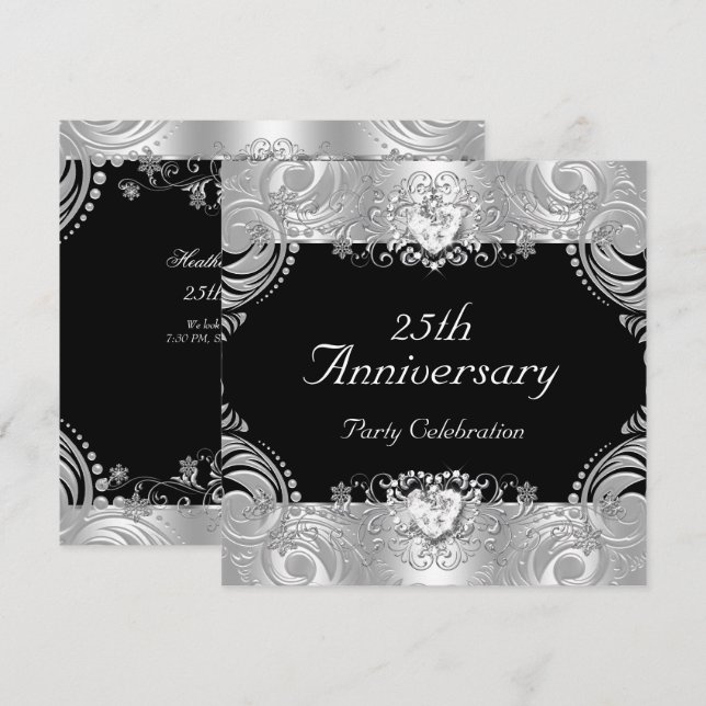 Invitación Elegante 25º Aniversario Blanco Negro Plata 2 (Anverso / Reverso)