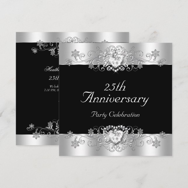 Invitación Elegante 25º Aniversario Blanco Plata Negro (Anverso / Reverso)