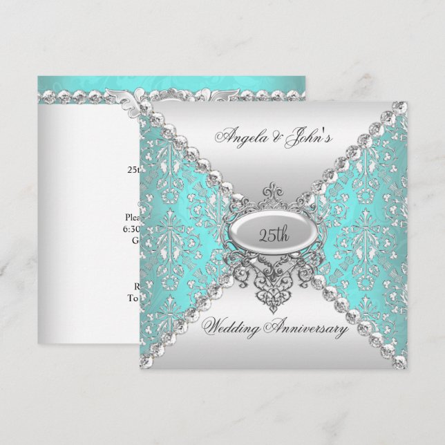 Invitación Elegante 25º aniversario Boda Blanco Azul Verde az (Anverso / Reverso)