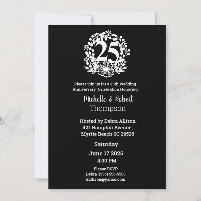 Invitación Elegante 25º aniversario Boda Blanco Negro (Anverso)