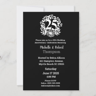 Invitación Elegante 25º aniversario Boda Blanco Negro