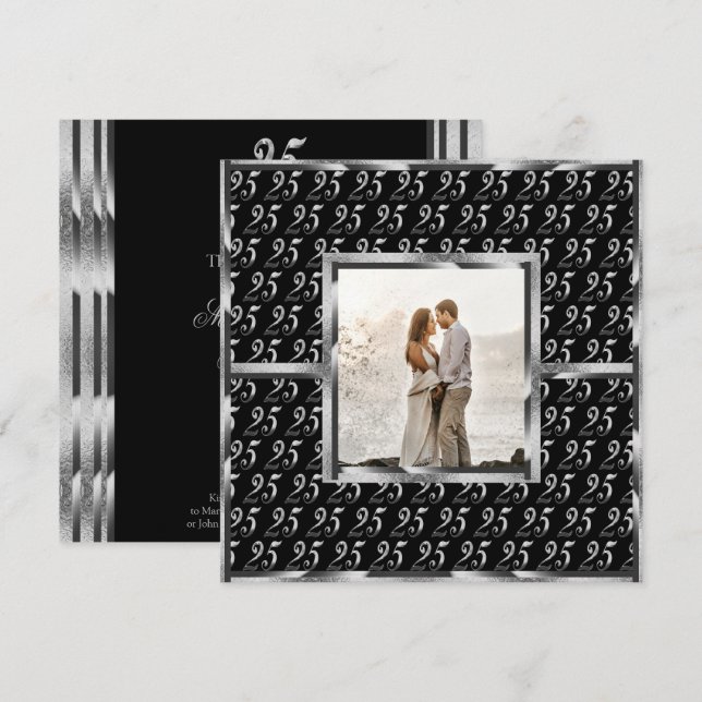Invitación Elegante 25º aniversario Boda negro y plateado (Anverso / Reverso)