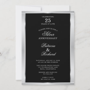 Invitación Elegante 25º Aniversario de Boda Negro y Plata