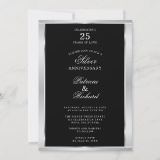 Invitación Elegante 25º Aniversario de Boda Negro y Plata