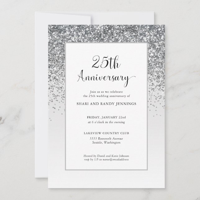 Invitación Elegante 25º Aniversario de Boda Plata Brillante (Anverso)