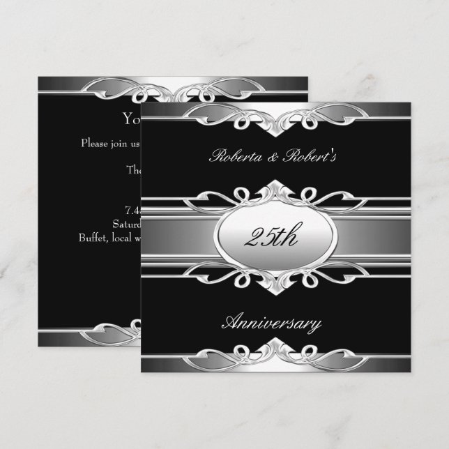 Invitación Elegante 25º aniversario Plata Negra (Anverso / Reverso)