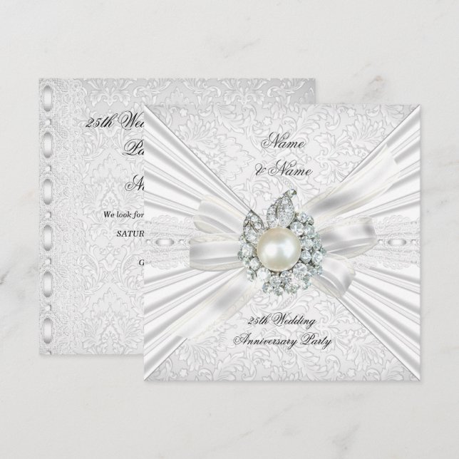 Invitación Elegante 25° Aniversario Boda Fiesta Lace White (Anverso / Reverso)