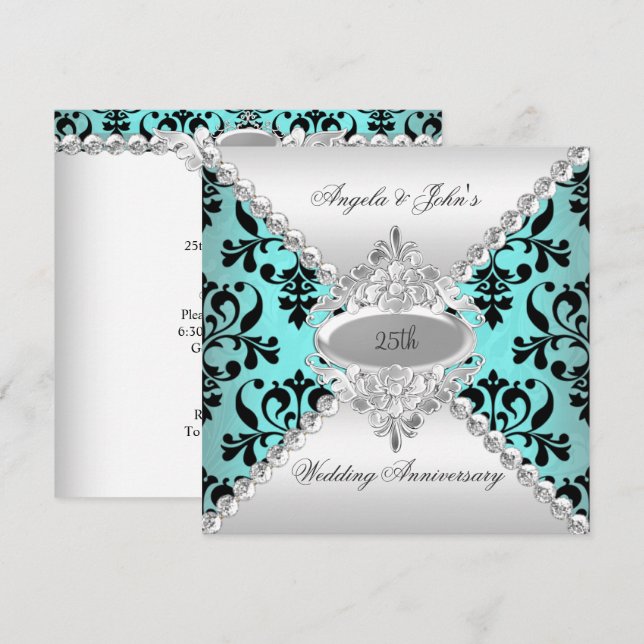 Invitación Elegante 25° Aniversario Boda Verde azulado Damasc (Anverso / Reverso)