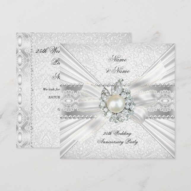 Invitación Elegante 25° Aniversario de Plata Fiesta Lace Pear (Anverso / Reverso)