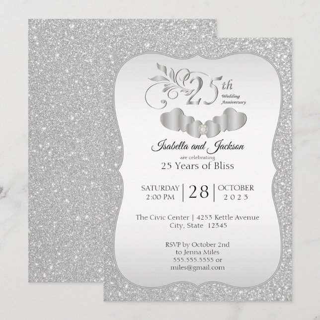 Invitación Elegante 25° aniversario Purpurina de Plata (Anverso / Reverso)