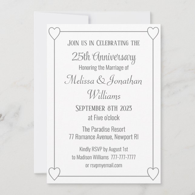 Invitación Elegante 25 Aniversario Romántico Corazones Plata (Anverso)
