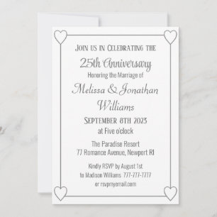 Invitación Elegante 25 Aniversario Romántico Corazones Plata