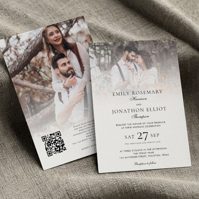 Invitación Elegante 2 fotos superposición Código QR Boda form (front and back view)