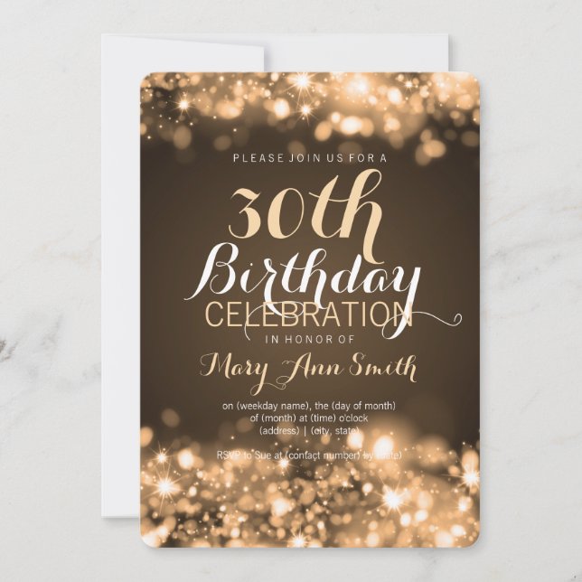 Invitación Elegante 30.º Fiesta de cumpleaños con luces de or (Anverso)