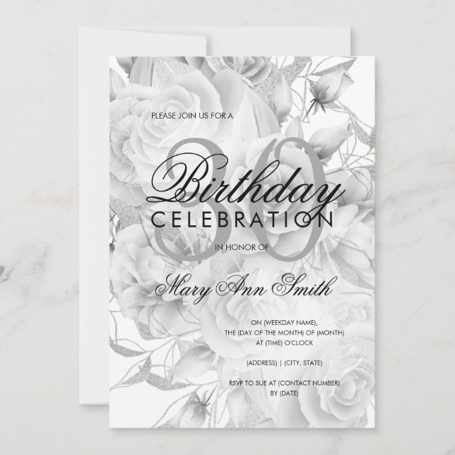 Invitación Elegante 30.º Fiesta de cumpleaños Plata Floral Bl (Anverso)