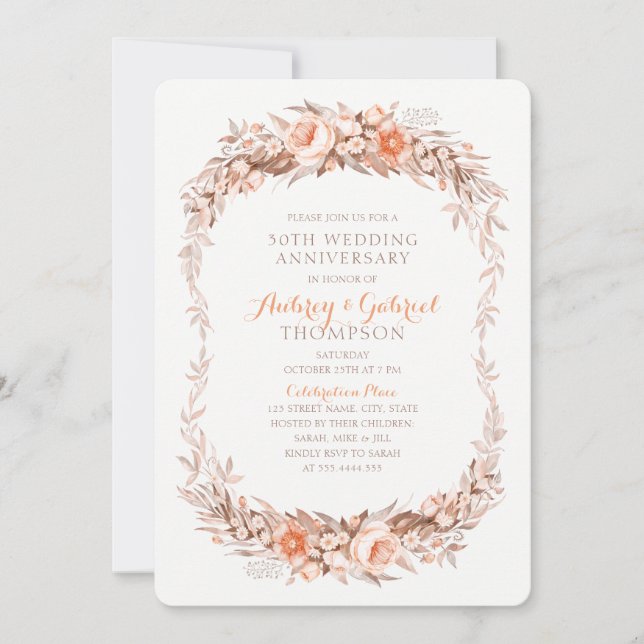 Invitación Elegante 30° Aniversario Boda Caída Floral (Anverso)