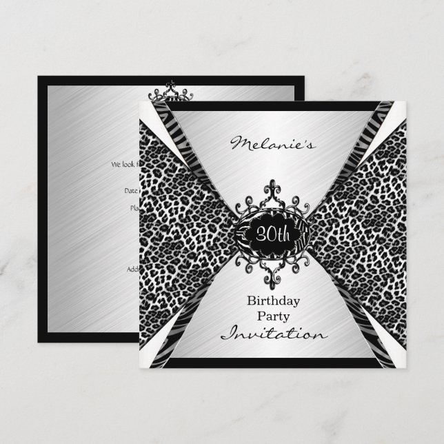 Invitación Elegante 30 años Leopard cebra blanco negro (Anverso / Reverso)