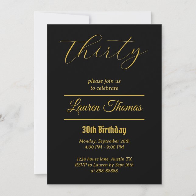 Invitación Elegante 30 cumpleaños 30 simple negro y oro (Anverso)