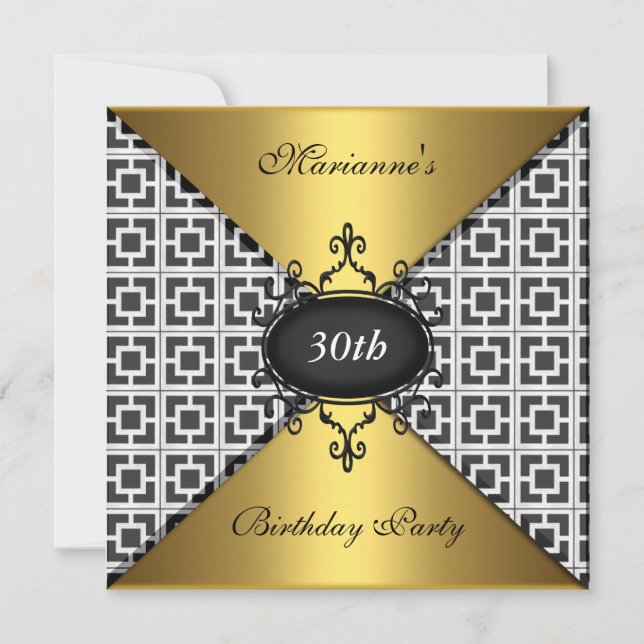 Invitación Elegante 30 cumpleaños blanco negro y oro (Anverso)