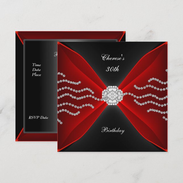 Invitación Elegante 30° cumpleaños Diamante rojo rico en negr (Anverso / Reverso)