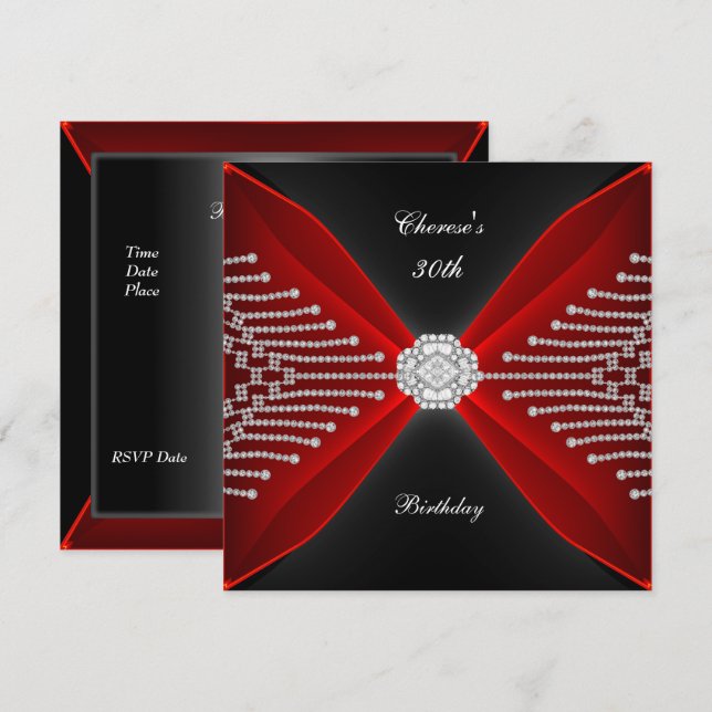 Invitación Elegante 30° cumpleaños Diamante rojo rico en negr (Anverso / Reverso)