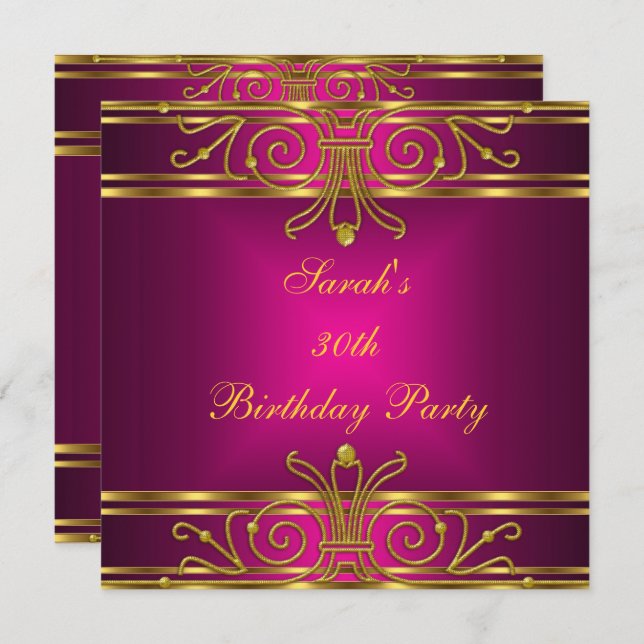 Invitación Elegante 30 cumpleaños Fuchsia Oro rosa Art Deco (Anverso / Reverso)