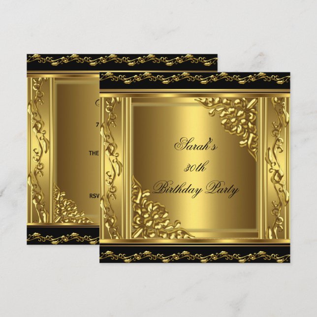 Invitación Elegante 30 cumpleaños Gold Black Gold Floral 3 (Anverso / Reverso)