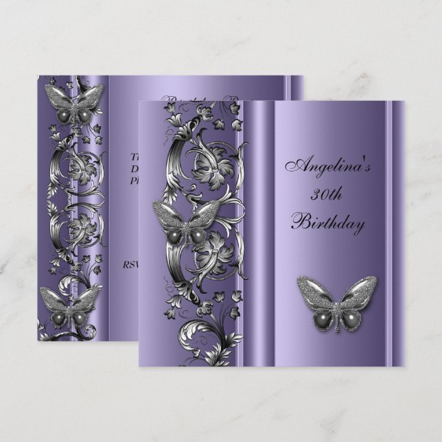Invitación Elegante 30 cumpleaños Mariposa MauvePlata Floral (Anverso / Reverso)