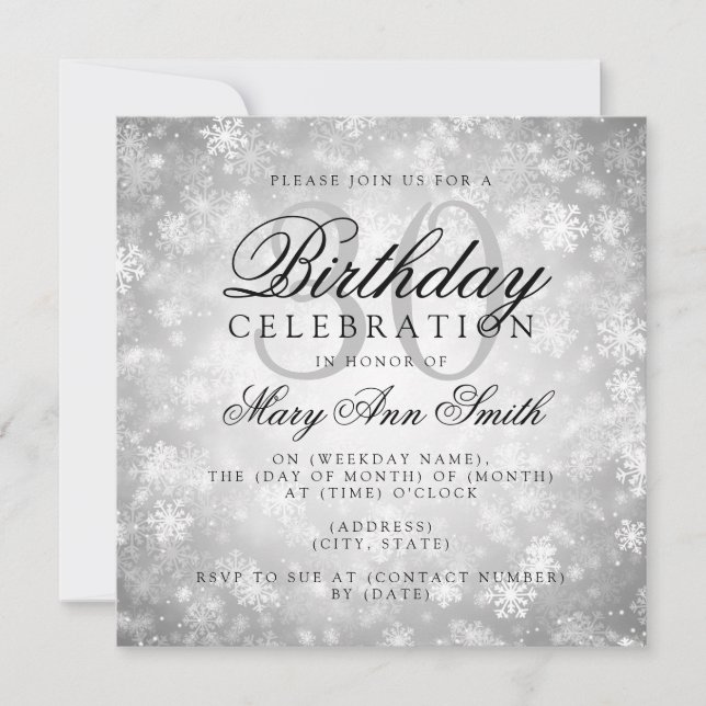 Invitación Elegante 30 cumpleaños Silver Winter Wonderland (Anverso)