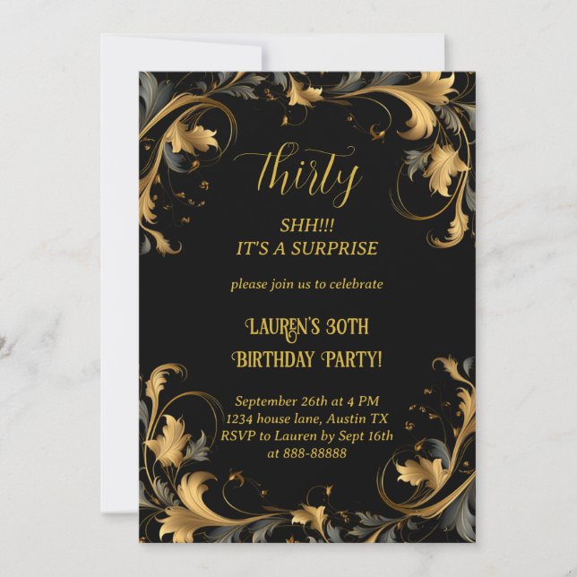 Invitación Elegante 30 cumpleaños sorpresa moderna de oro neg (Anverso)