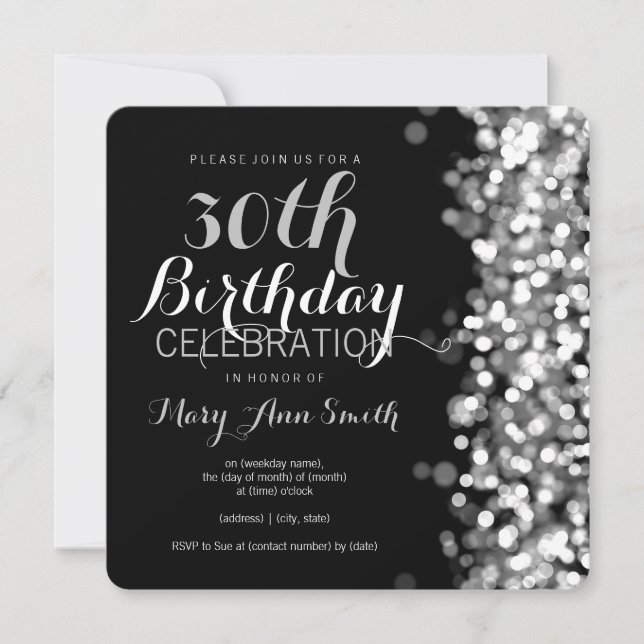 Invitación Elegante 30° Fiesta de cumpleaños Luces Plateadas (Anverso)