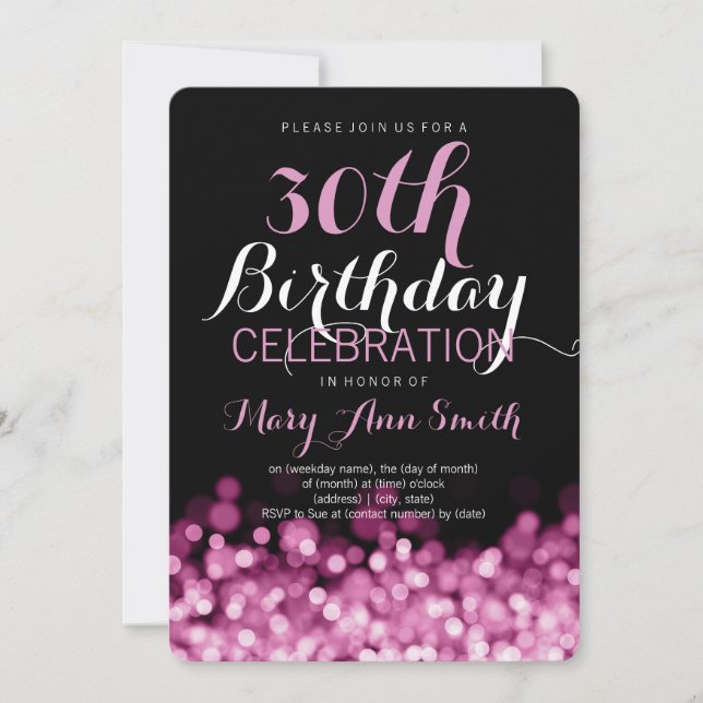 Invitación Elegante 30° Fiesta de cumpleaños luces rosadas (Anverso)