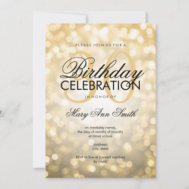 Invitación Elegante 30° Fiesta de cumpleaños Purpurina de oro (Anverso)