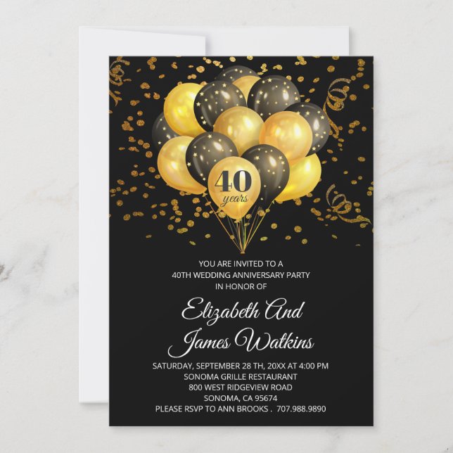Invitación Elegante 40º Aniversario de Bodas Dorado y Negro E (Anverso)