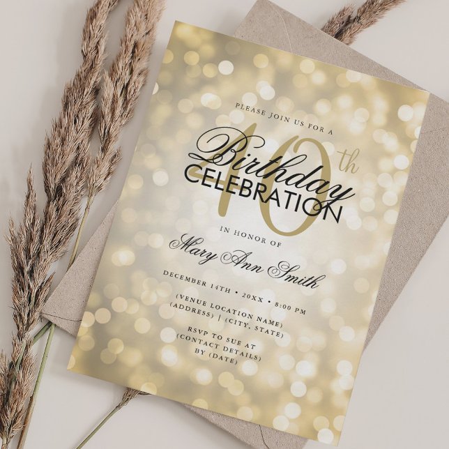Invitación Elegante 40.º Día Glam Luces Luminosas Luminosas L (Elegant 40th Birthday Glam Gold Shimmer Lights Invitation)