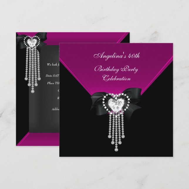 Invitación Elegante 40.º Fiesta de cumpleaños Diamante Rosa N (Anverso / Reverso)