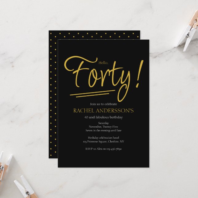 Invitación Elegante 40.º Fiesta de cumpleaños Oro Negro (Anverso/Reverso In Situ)