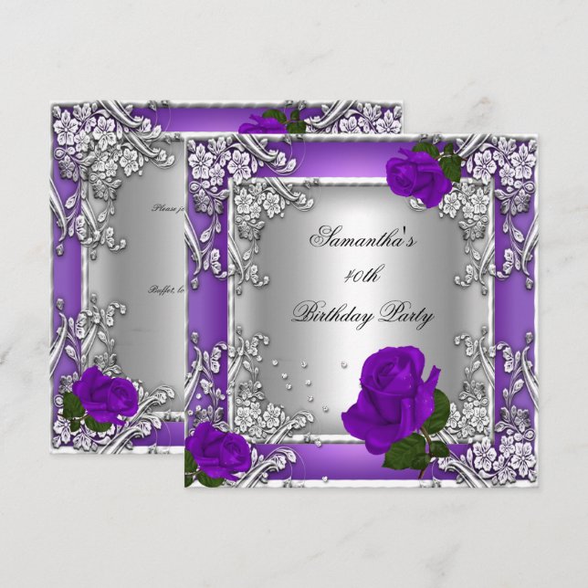 Invitación Elegante 40.º Fiesta de cumpleaños Rosa Plata púrp (Anverso / Reverso)