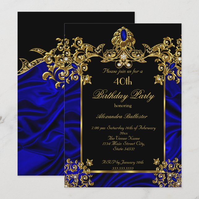Invitación Elegante 40.º Fiesta de cumpleaños Silk Royal Blue (Anverso / Reverso)