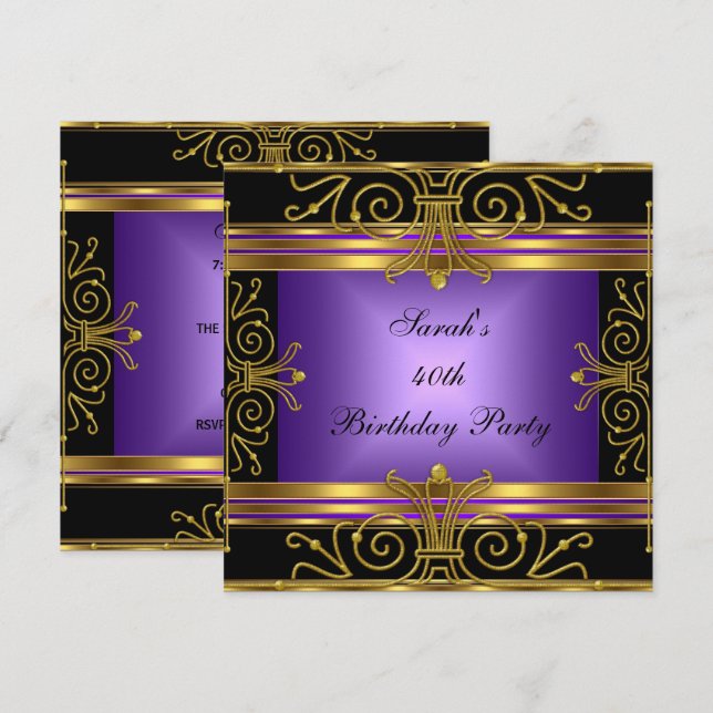 Invitación Elegante 40 años Purple Black Gold Art Deco (Anverso / Reverso)
