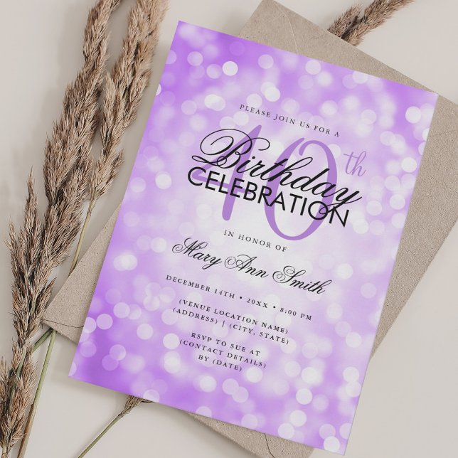 Invitación Elegante 40 cumpleaños Glam Purple Shimmer luz (Elegant 40th Birthday Glam Purple Shimmer Light Invitation)