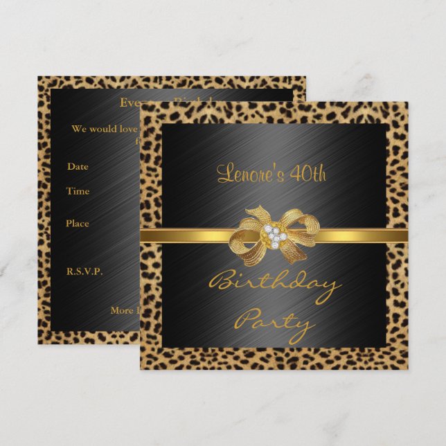 Invitación Elegante 40 cumpleaños Leopard Gold (Anverso / Reverso)