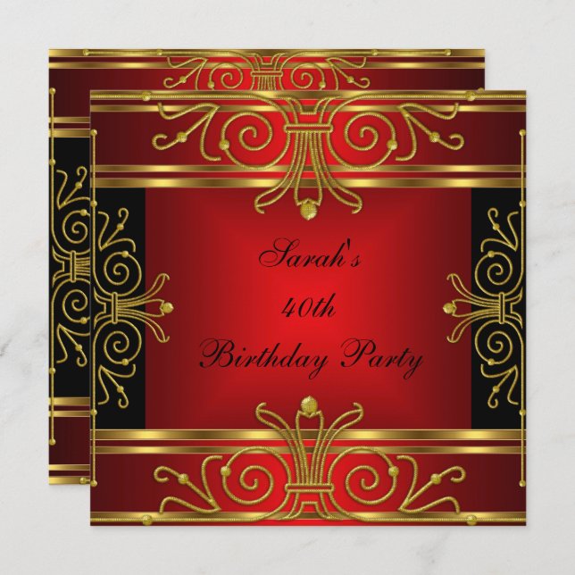 Invitación Elegante 40 cumpleaños Red Black Gold Art Deco (Anverso / Reverso)