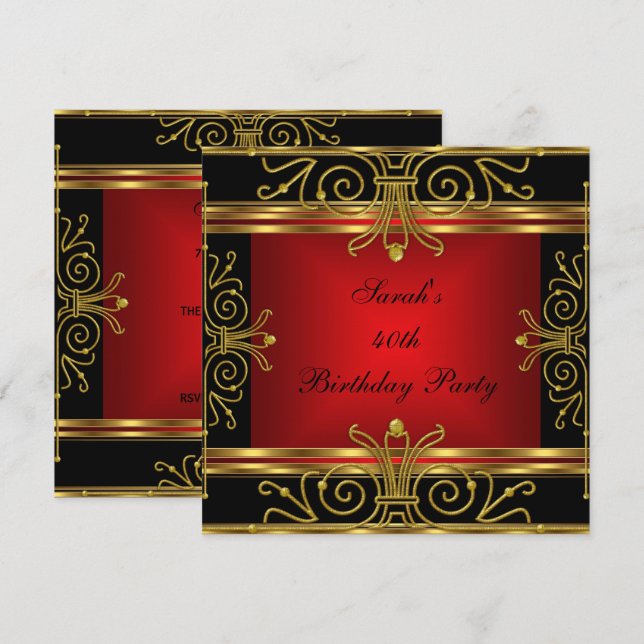 Invitación Elegante 40 cumpleaños Red Black Gold Art Deco 2 (Anverso / Reverso)